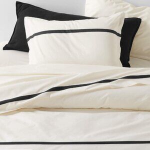 CRATE & BARREL Organic Cotton Percale Tuxedo Duvet Cover Ivory/Black Full/Qn NWT
